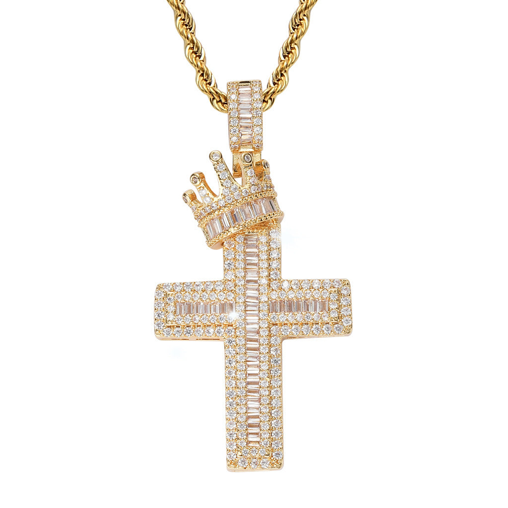 Square Zircon Micro Inlaid Crown Cross Hip Hop Pendant Ncklace