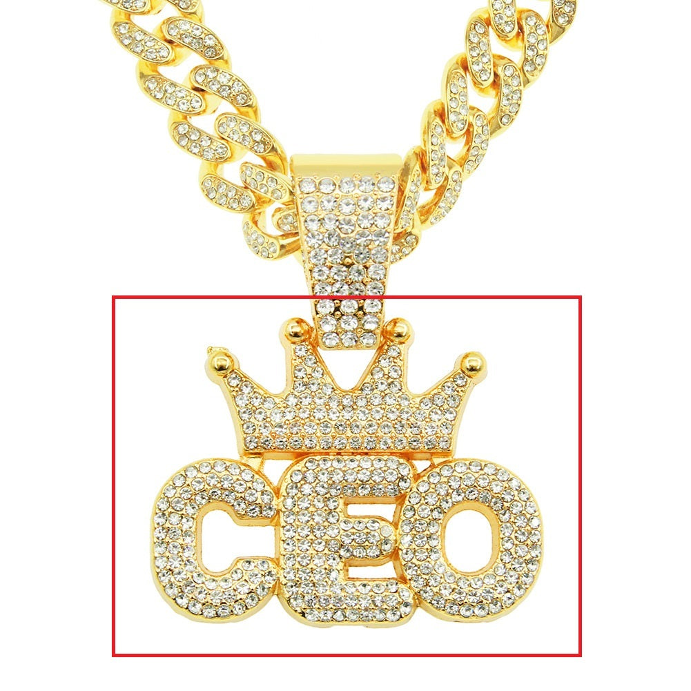 European Hip Hop Full Diamond Crown Letters Pendant Cuban Necklace