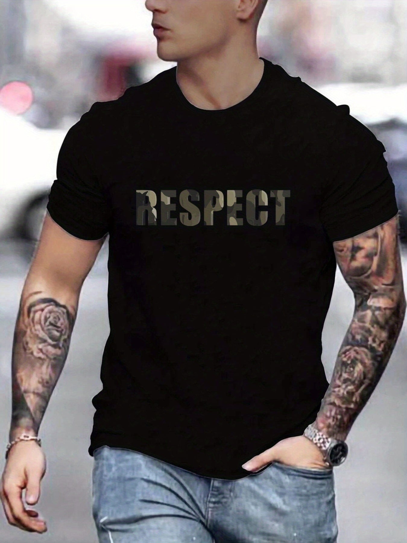 Letter RESPECT Pattern Printed Men's T-shirt, Patterned T-shirt Men's Summer Clothing, Men's Clothing