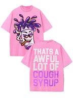 Pink t-shirt with graphic design and text on a brick wall background