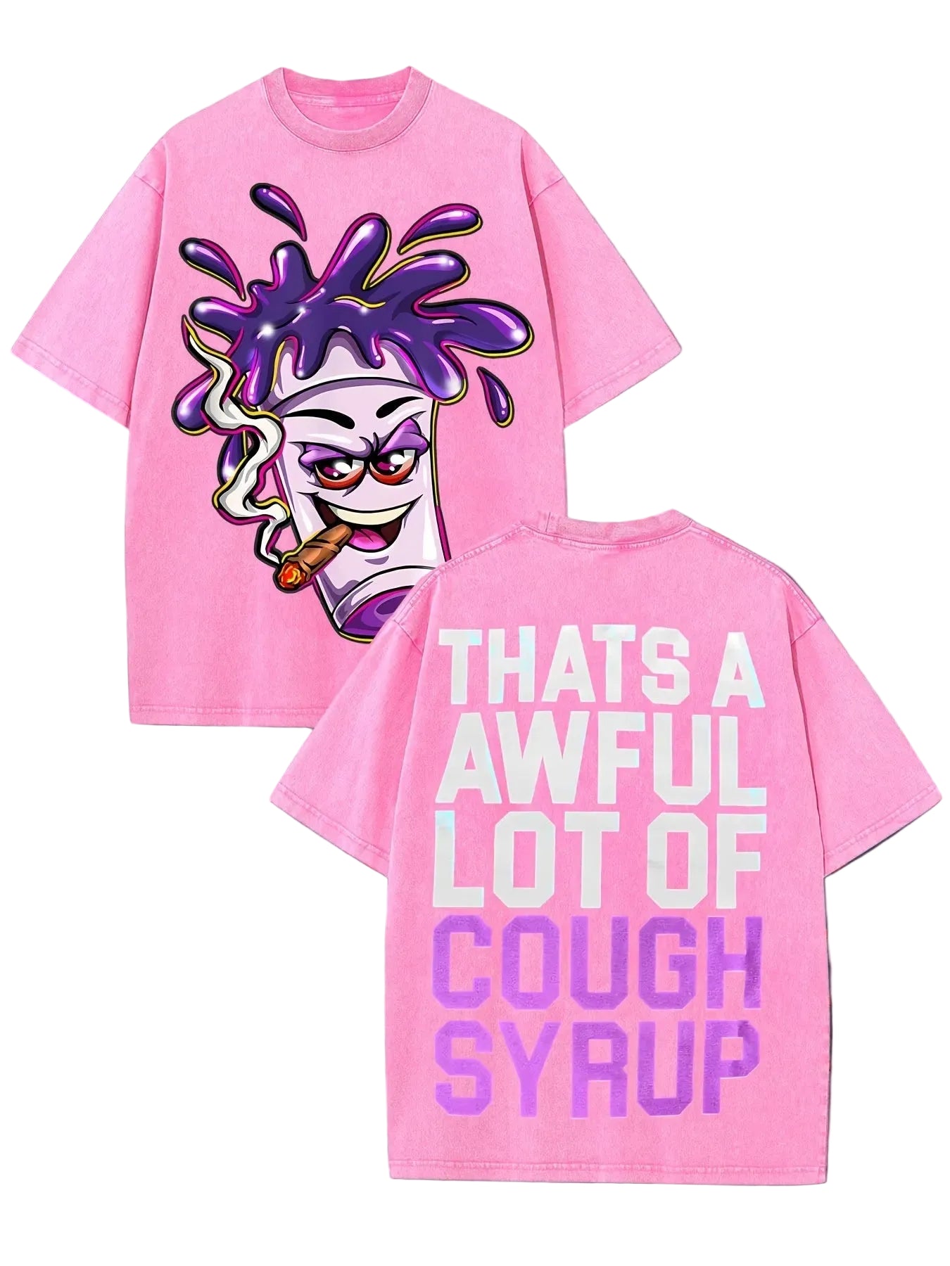 Pink t-shirt with graphic design and text on a brick wall background