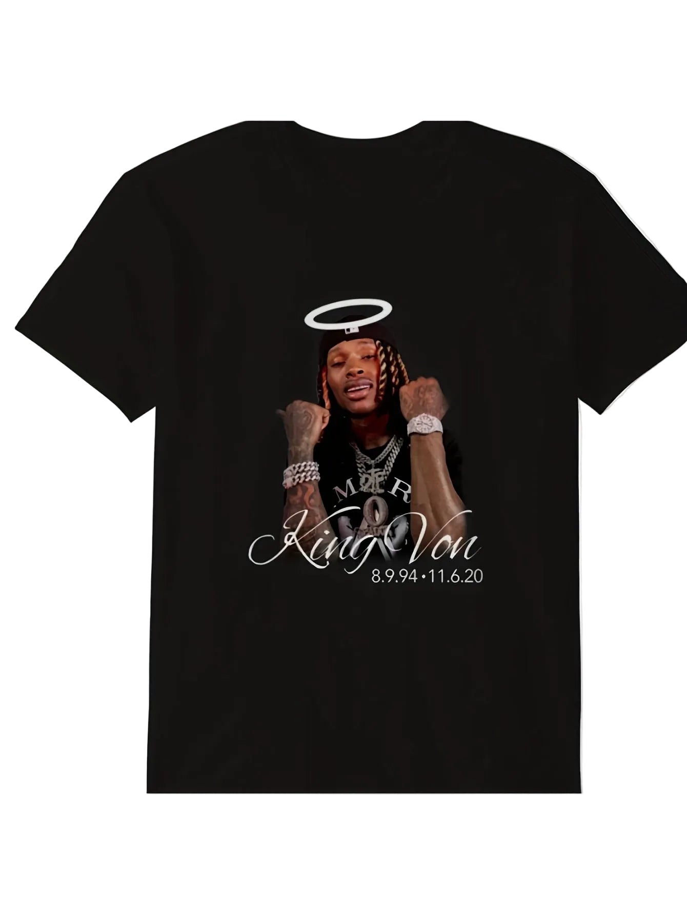 Black t-shirt with a graphic design of a person with a halo and text on a white background