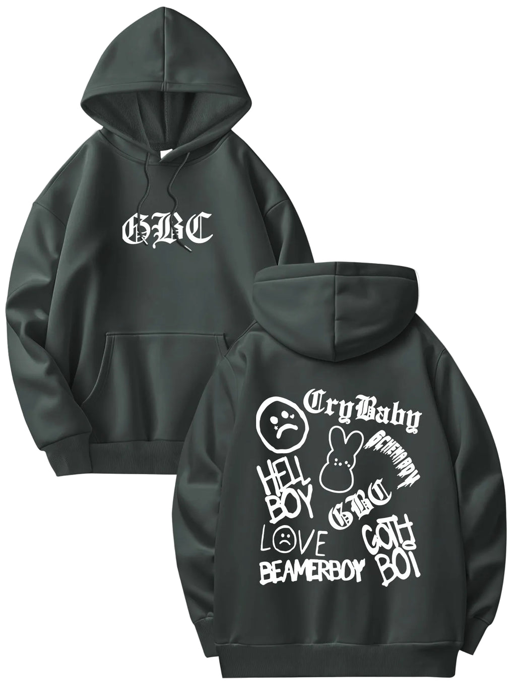 Dark gray hoodie with white text and graphics on a light gray background