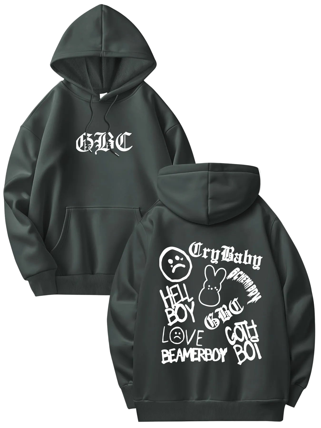 Dark gray hoodie with white text and graphics on a light gray background