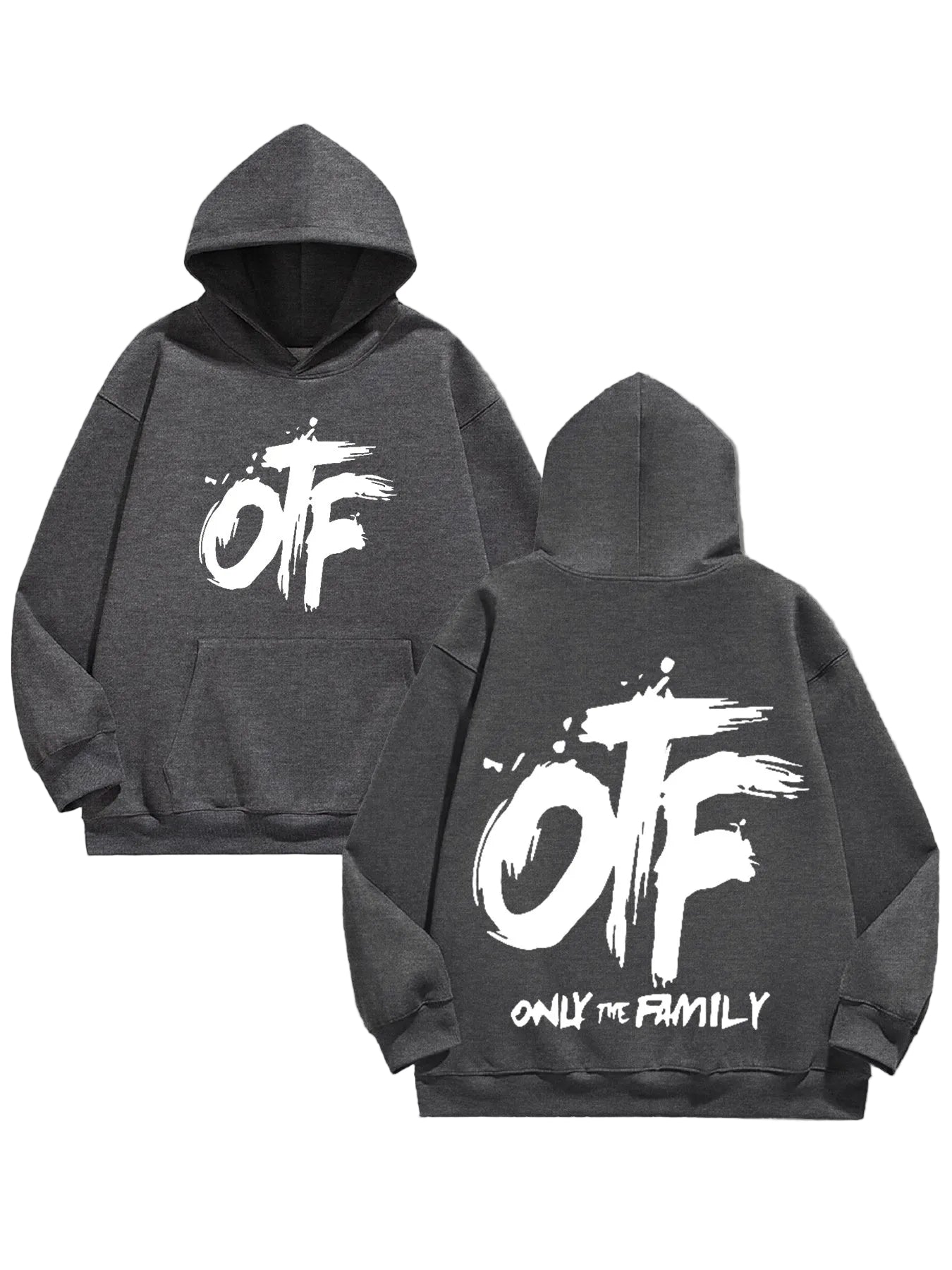 Gray hoodie with 'OTF' logo on front and back on a gray background