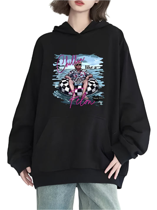 Women's Casual Hoodie With Pool Party Print - Long Sleeve, Round Neck With Pockets, Cozy Knit Pullover For Fall & Winter