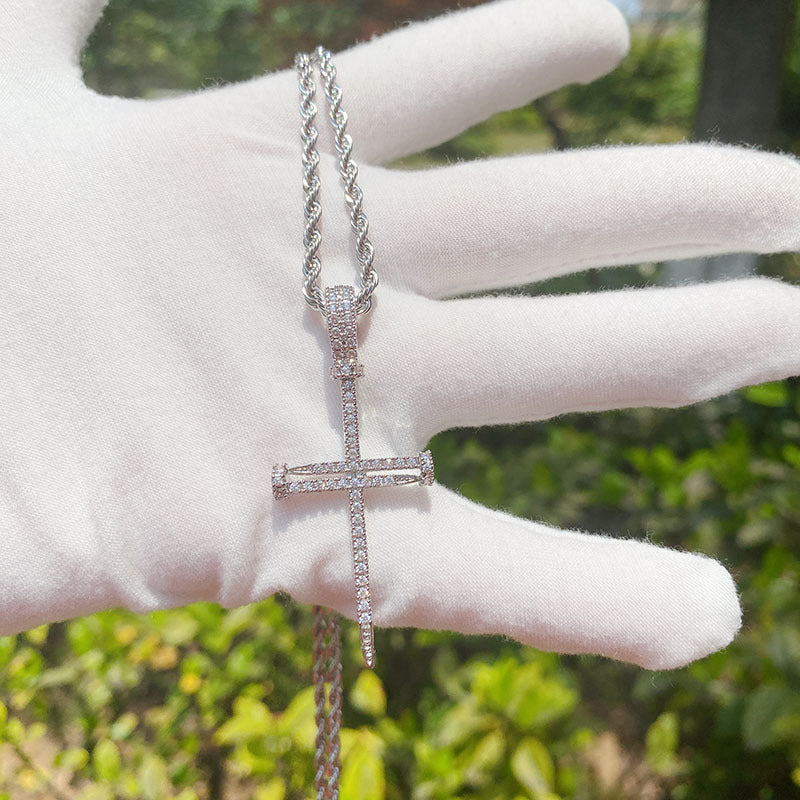 Copper Inlaid Zircon Nail Cross Pendant Hip Hop Necklace