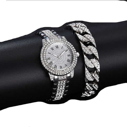 Full Diamond Roman Literal Steel Watch Bracelet Set