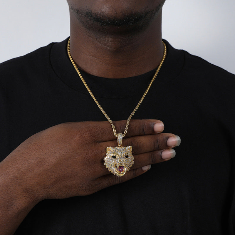 Domineering Wolf Head Pendant Necklace Hip Hop HIPHOP Necklace Full Diamond Luxury Style