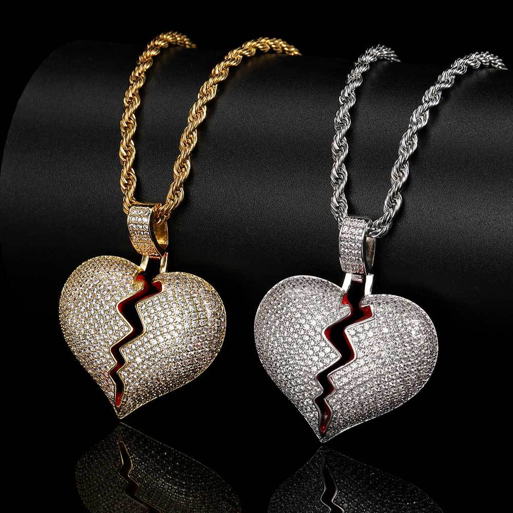 Hip Hop Copper Set Zircon Broken Heart Shape Pendant Real Gold Electroplated Couple Necklace