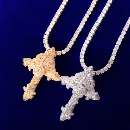 DATNEWDRIP Cross Flower Necklaces & Pendant Gold Color Plated Bling Cubic Zircon Men's Hip Hop Jewelry