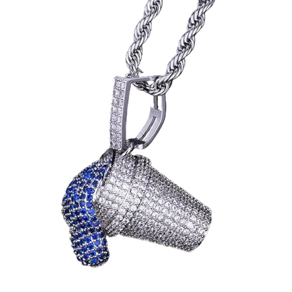 Silver and blue megaphone pendant on a chain against a dark background
