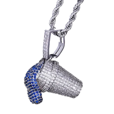 Silver and blue megaphone pendant on a chain against a dark background