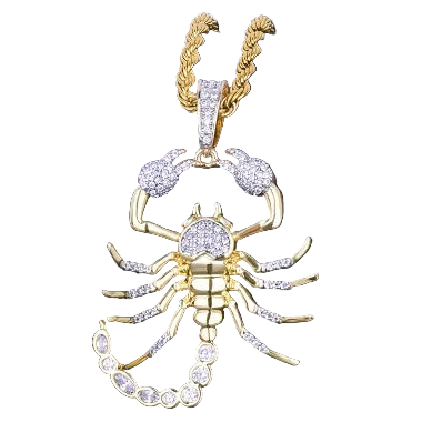 Gold and diamond scorpion pendant on a black background