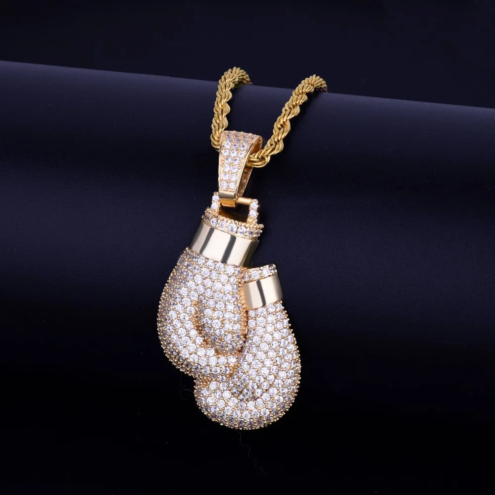 DATNEWDRIP Boxing Gloves Pendant Necklace & Pendant Gold Color Iced Cubic Zircon Men's Hip Hop Jewelry