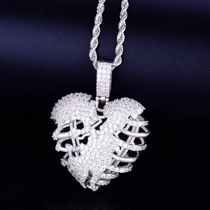 DATNEWDRIP Broken Skeleton Heart Pendant Necklace AAA Cubic Zircon Men's Hip Hop Rock Jewelry