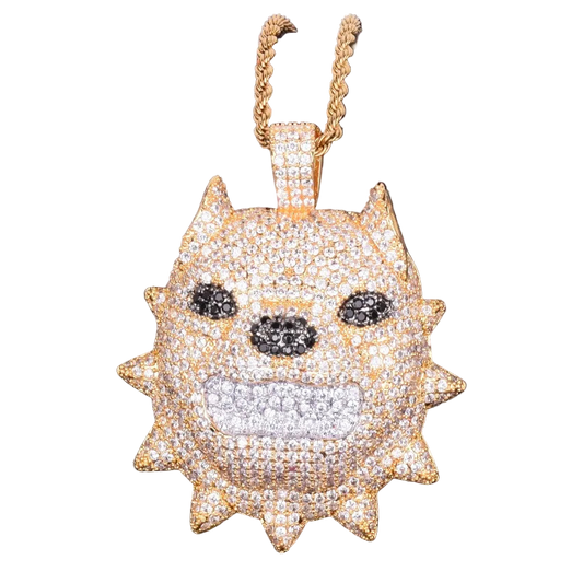 Gold pendant with diamond accents on a black background