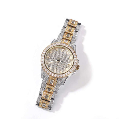 A collection of fully iced-out watches with colorful gemstone accents on the bands and faces.