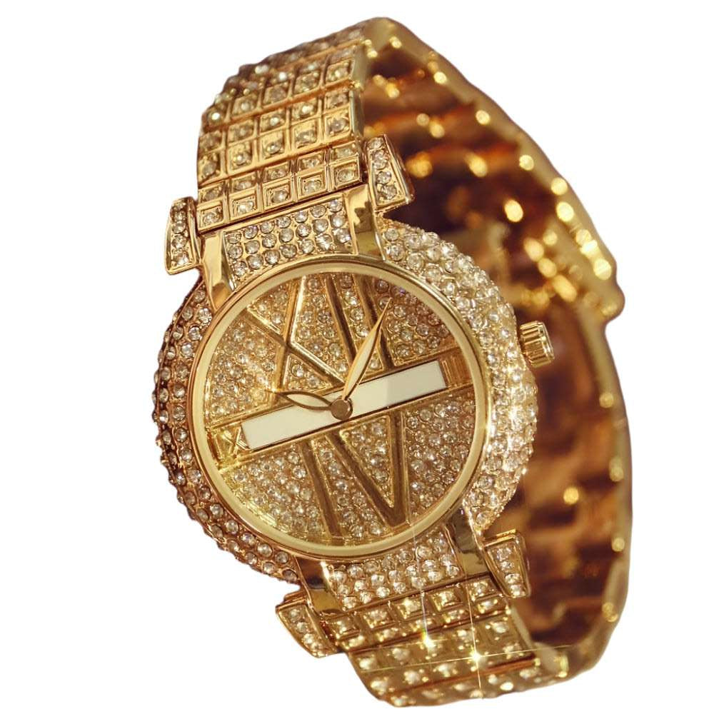 A gold-colored luxury watch with a fully iced-out design, featuring large numerals and a prominent watch face.