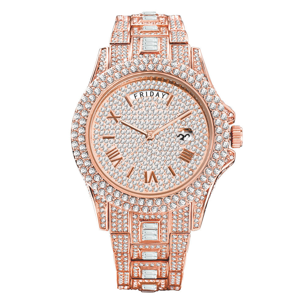 Man Pair Calendar Full Diamond Luxury Quartz Watch