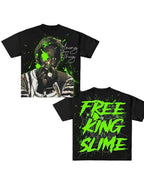 Black t-shirt with graphic design and text on a textured gray background