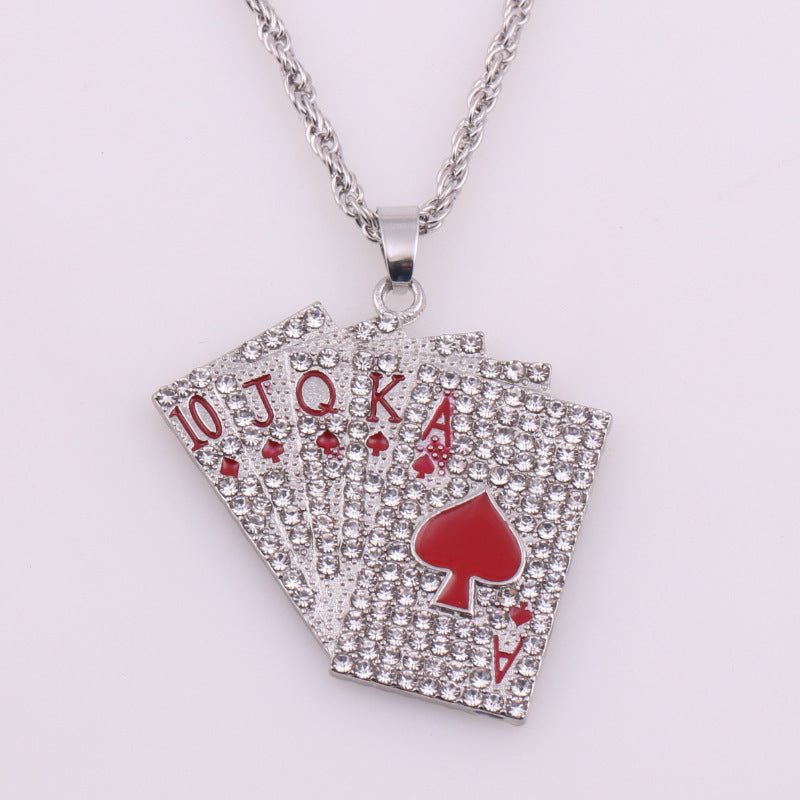 Ice Out Full Diamond Playing Card Necklace With Zircon Inlaid Flush Hip Hop Pendant