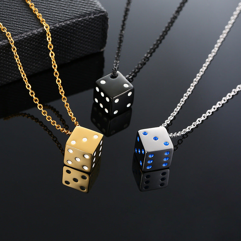 Stainless Steel Dice Pendant Men's Necklace Steel Color Black Hip Hop Jewelry