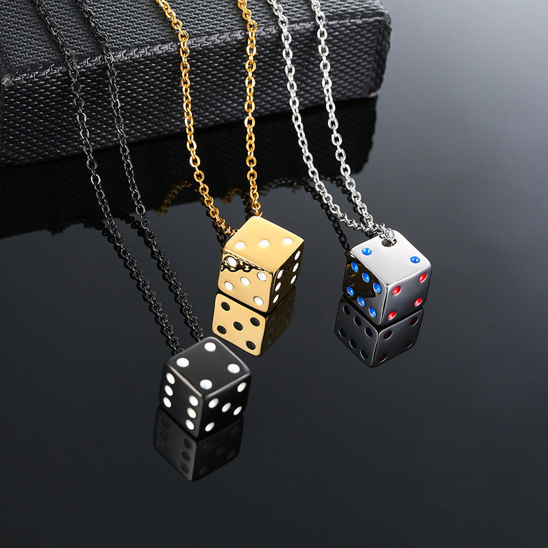 Stainless Steel Dice Pendant Men's Necklace Steel Color Black Hip Hop Jewelry