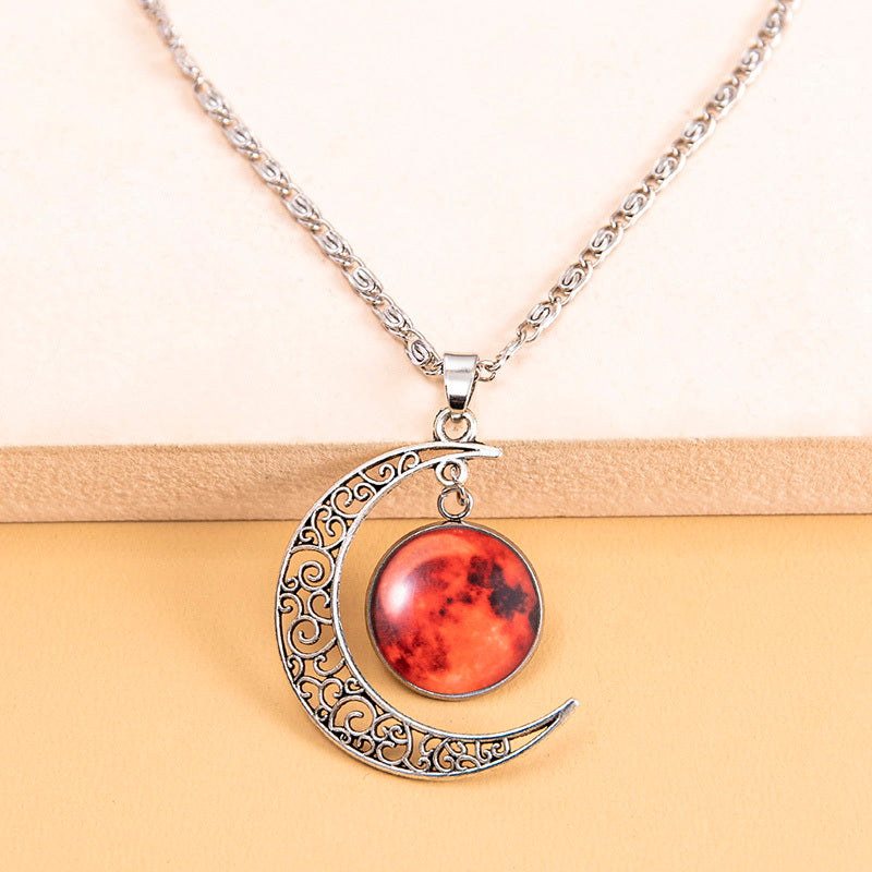 Vintage Galaxy Planet Mars Luminous Necklace Handmade Glowing Red Glass Charm Moon Pendant Necklaces For Women Girls