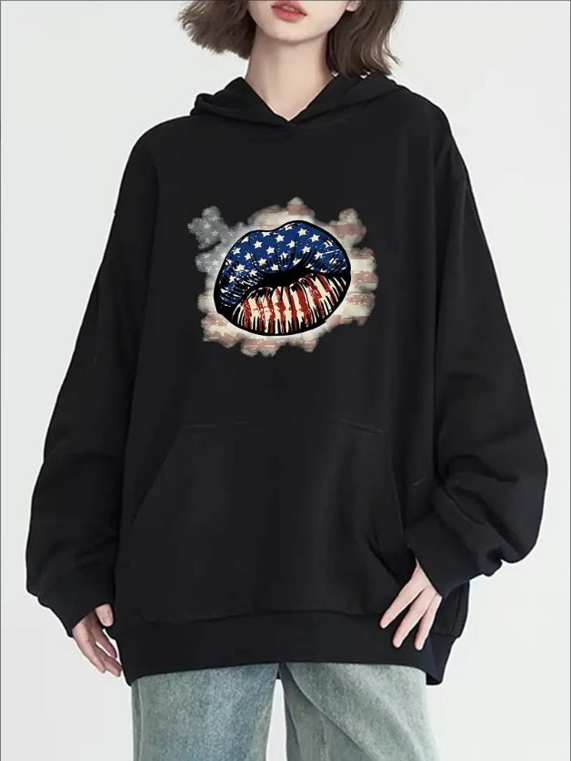 Women's Fashion USA Lips Print Hoodie - Casual Pullover With Pockets, Long Sleeve & Round Neck, Perfect For Fall & Winter