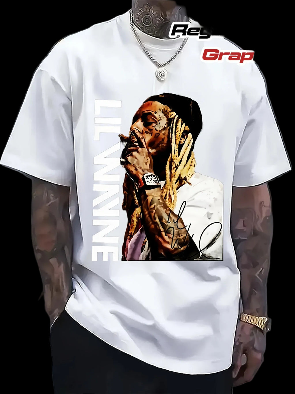 White t-shirt with graphic of a person with tattoos and text, worn by a model.