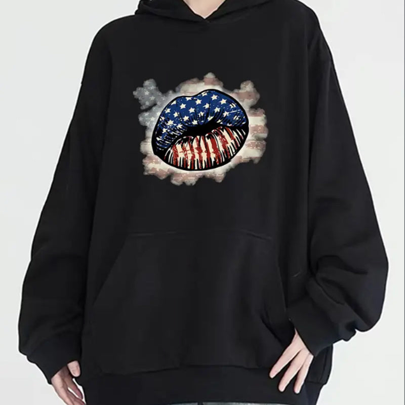 Women's Fashion USA Lips Print Hoodie - Casual Pullover With Pockets, Long Sleeve & Round Neck, Perfect For Fall & Winter