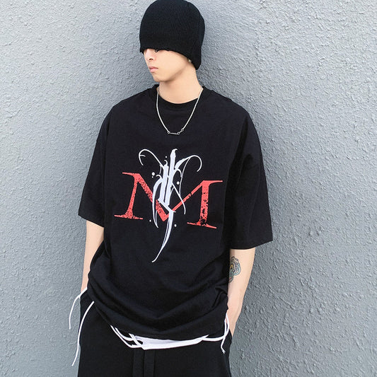 Cartoon Five-point Sleeve T-shirt Male Short-sleeved Letter Printing Japanese Tide Brand Anime Hip-hop Sleeve Top