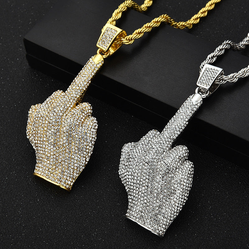 Personalized Vertical Middle Finger Hip Hop Pendant Full Rhinestone Necklace