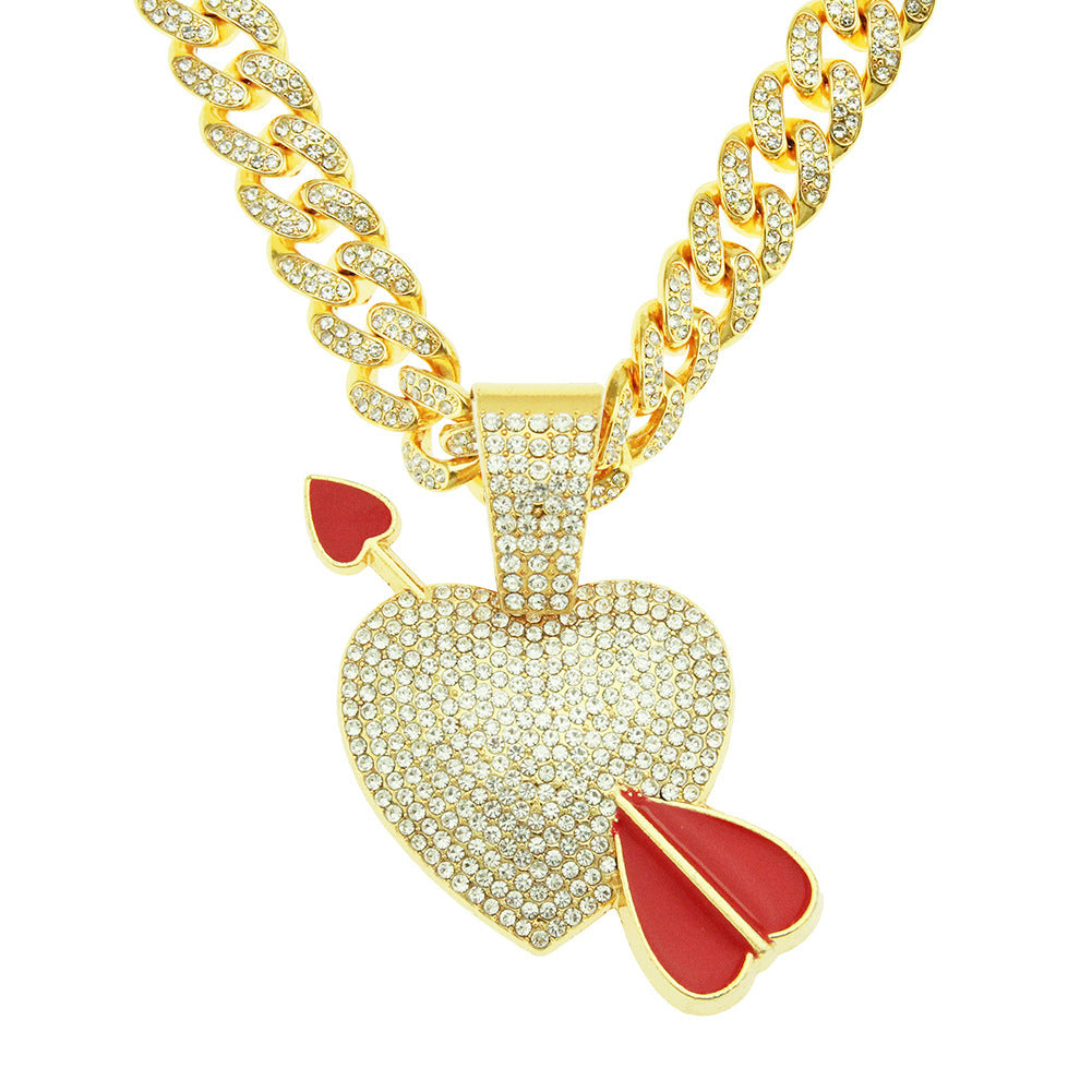 Hip-hop Three-dimensional Arrow Piercing Heart Pendant Necklace Full Of Diamonds