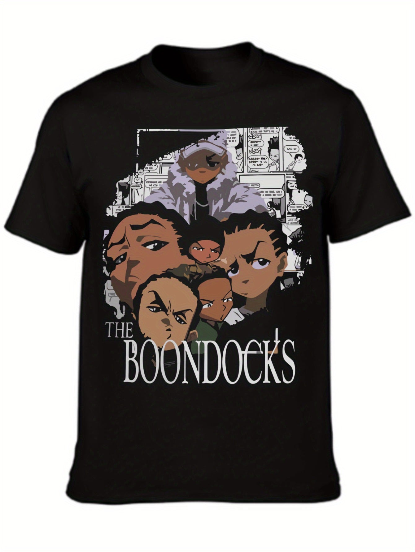 Black t-shirt with 'The Boondocks' graphic design on a white background