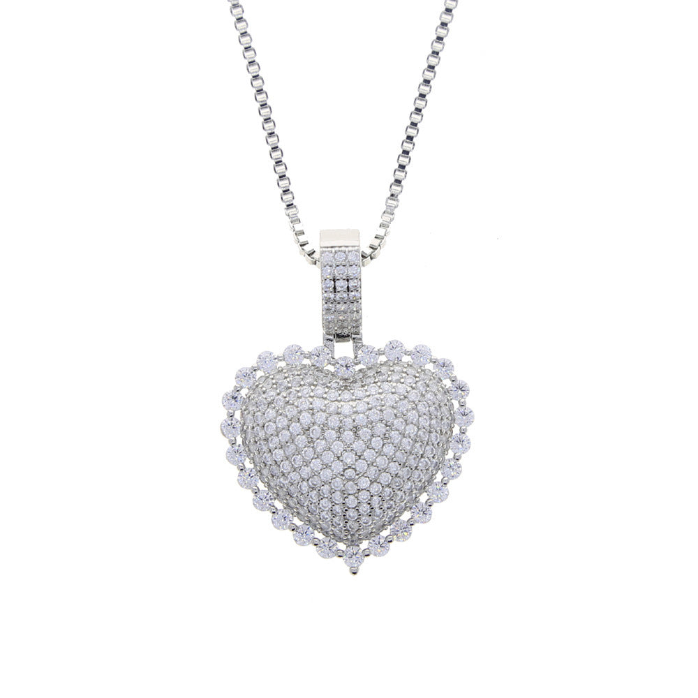 Hip Hop Heart Full Diamond Love Zircon Pendant Necklace