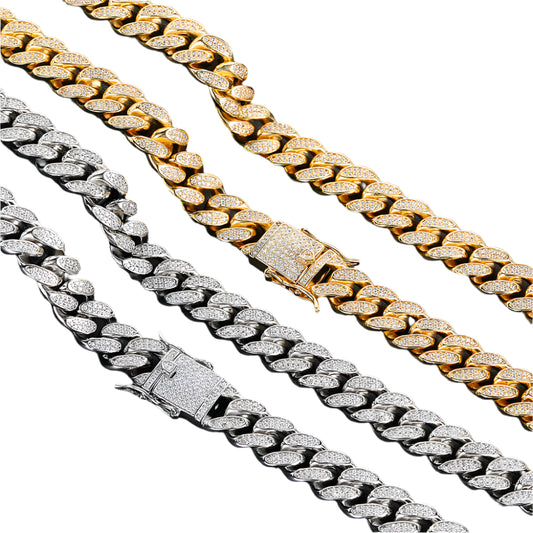 Hip Hop Men's Necklace 12mm Double Row Full Diamond Cuban Chain Bracelet