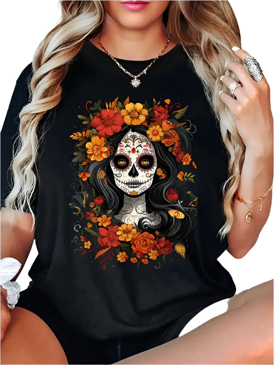 Casual Fabric Short Sleeve Women's Crew Neck T-Shirt - Day Of The Dead Inspired Flower Skull Print Graphic Spring Summer Top