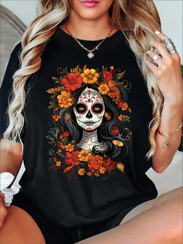 Casual Fabric Short Sleeve Women's Crew Neck T-Shirt - Day Of The Dead Inspired Flower Skull Print Graphic Spring Summer Top