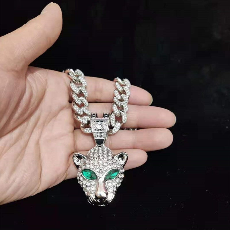 Hip Hop Stainless Steel Eye Pendant Necklace With Green And Red Diamonds