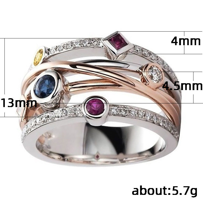 Hip-hop Style Jewelry, Fashionable Geometric Line Inlaid Multi-color Zircon Ring, Trendy Fashion Ring