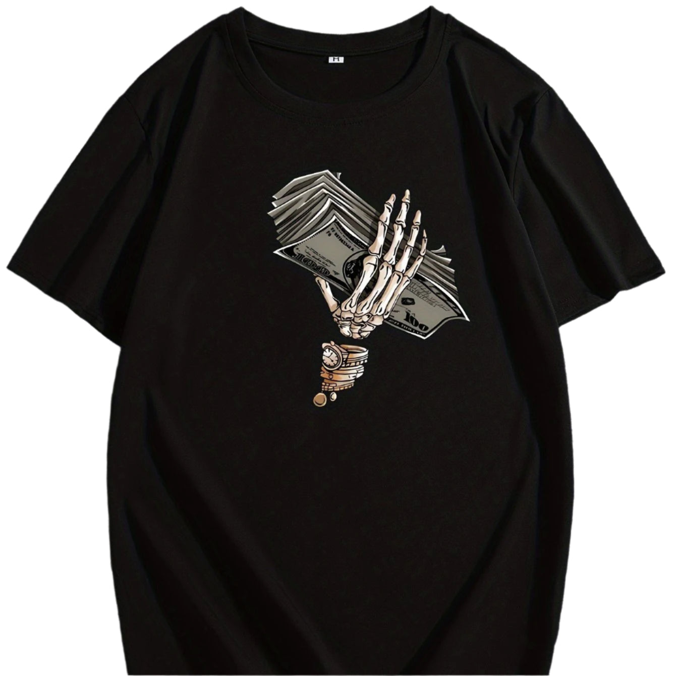 Cartoon Skeleton Hand And Cash Graphic Print, Men's Innovative Design T-shirt, Summer Casual Comfortable T-shirt, Daily Activity Men's Top