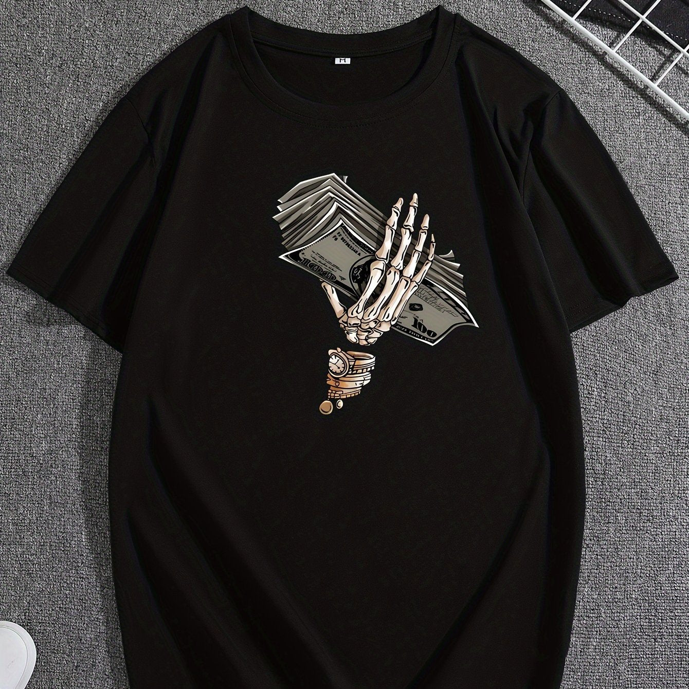 Cartoon Skeleton Hand And Cash Graphic Print, Men's Innovative Design T-shirt, Summer Casual Comfortable T-shirt, Daily Activity Men's Top