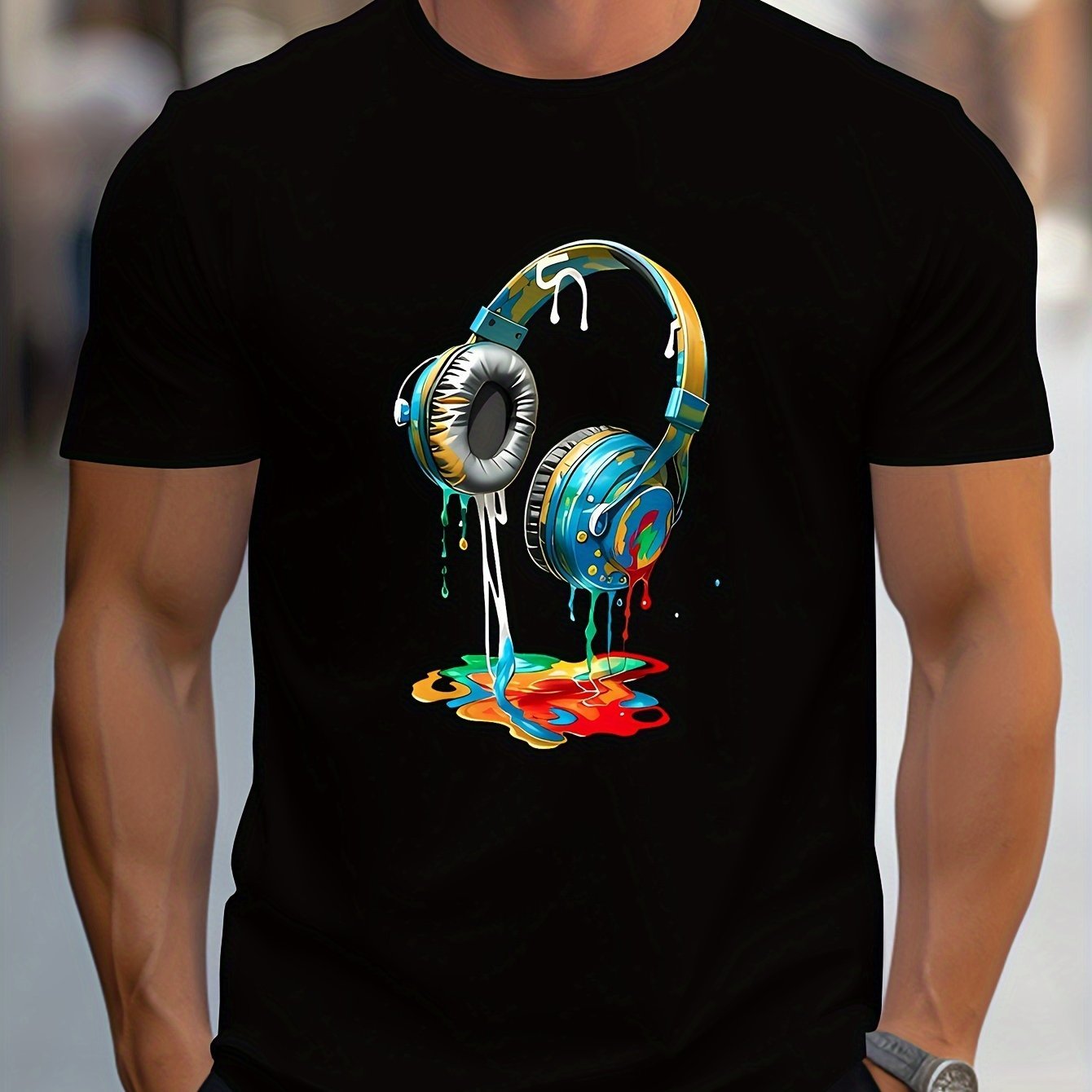 Earphone Printed T-shirt For Men's Casual Style, Summer And Autumn Slightly Elastic Round Neck T-shirt