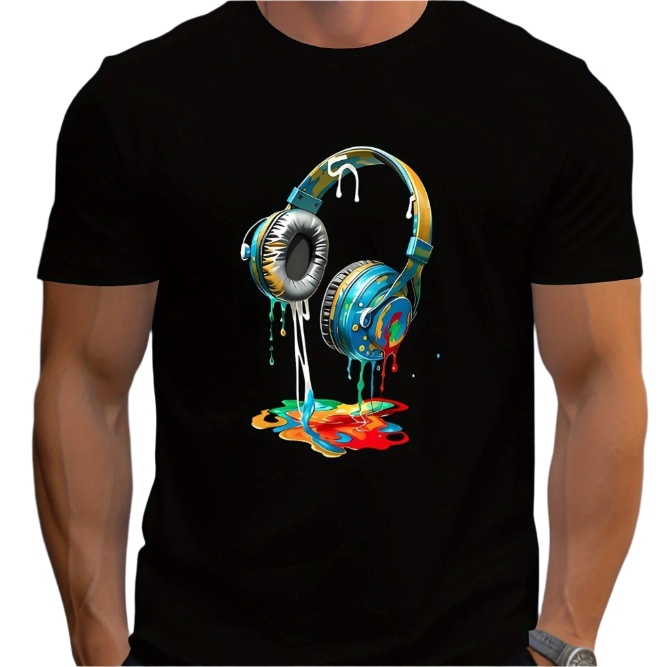 Earphone Printed T-shirt For Men's Casual Style, Summer And Autumn Slightly Elastic Round Neck T-shirt