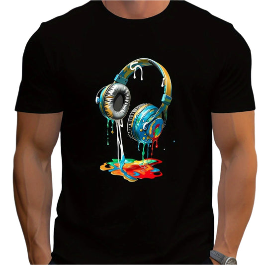 Earphone Printed T-shirt For Men's Casual Style, Summer And Autumn Slightly Elastic Round Neck T-shirt