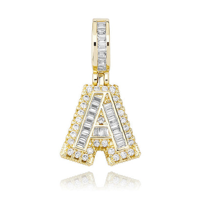 DatNewDrip iced out alphabet pendant letter A gold with baguette and round cubic zirconia stones