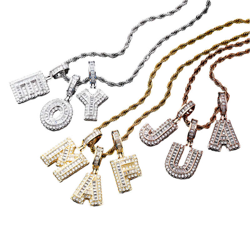 DatNewDrip iced out alphabet pendant collection in gold silver and rose gold with pave cubic zirconia letters
