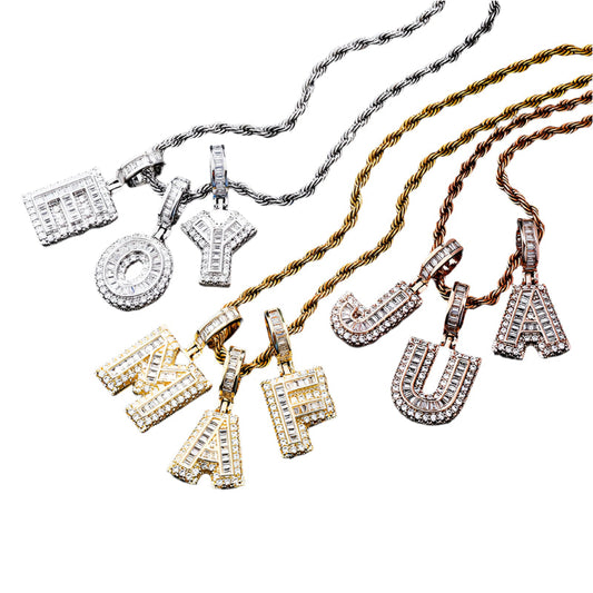 DatNewDrip iced out alphabet pendant collection in gold silver and rose gold with pave cubic zirconia letters